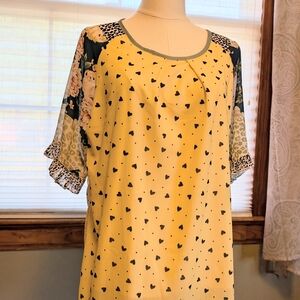 Yellow Heart Print Blouse with Floral Sleeves